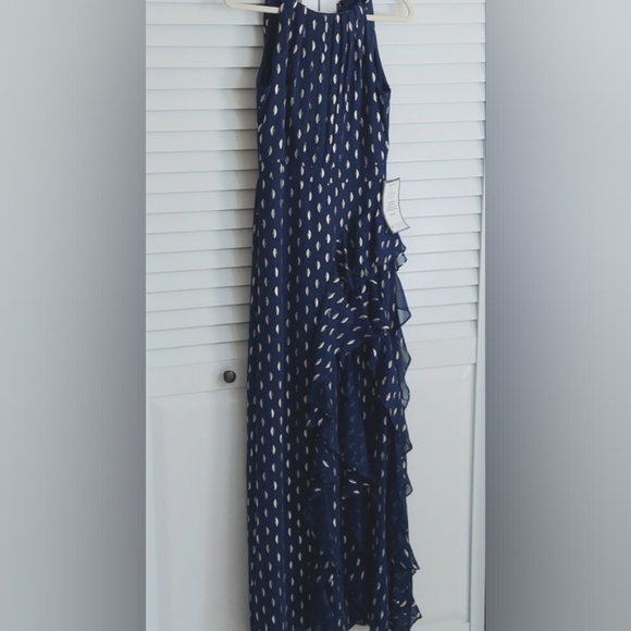 Betsy & Adam Gown, Sz 8, Halter, Royal Blue Geometric Print, Ruffle Accent, NEW! - Picture 6 of 17